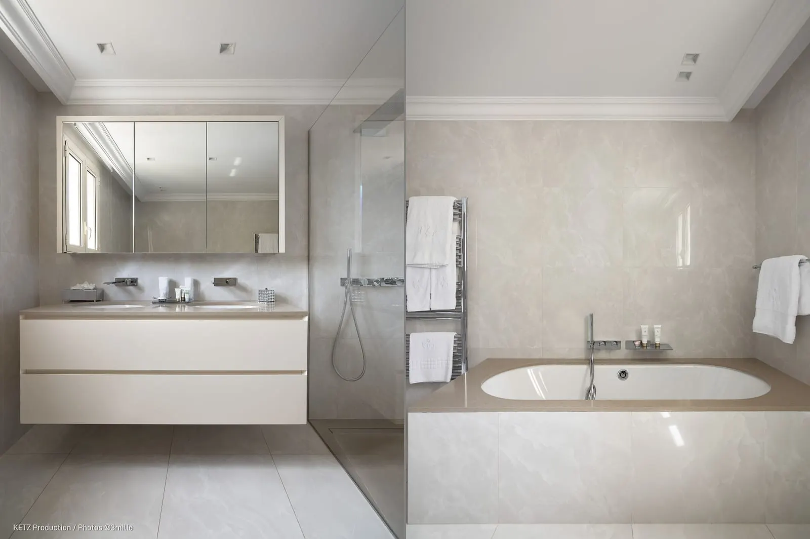 Suite 810 or 820 in Les Jardins at Cap Estel: a bathroom with a bathtub, a walk-in shower and a vanity unit