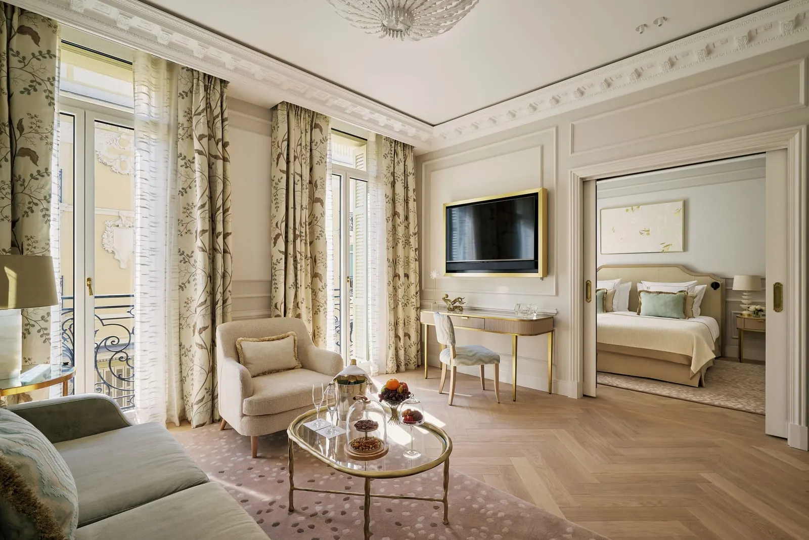 Prestige Suite with city or courtyard view at Hôtel Hermitage Monte-Carlo: the sitting room, with the bedroom through a doorway