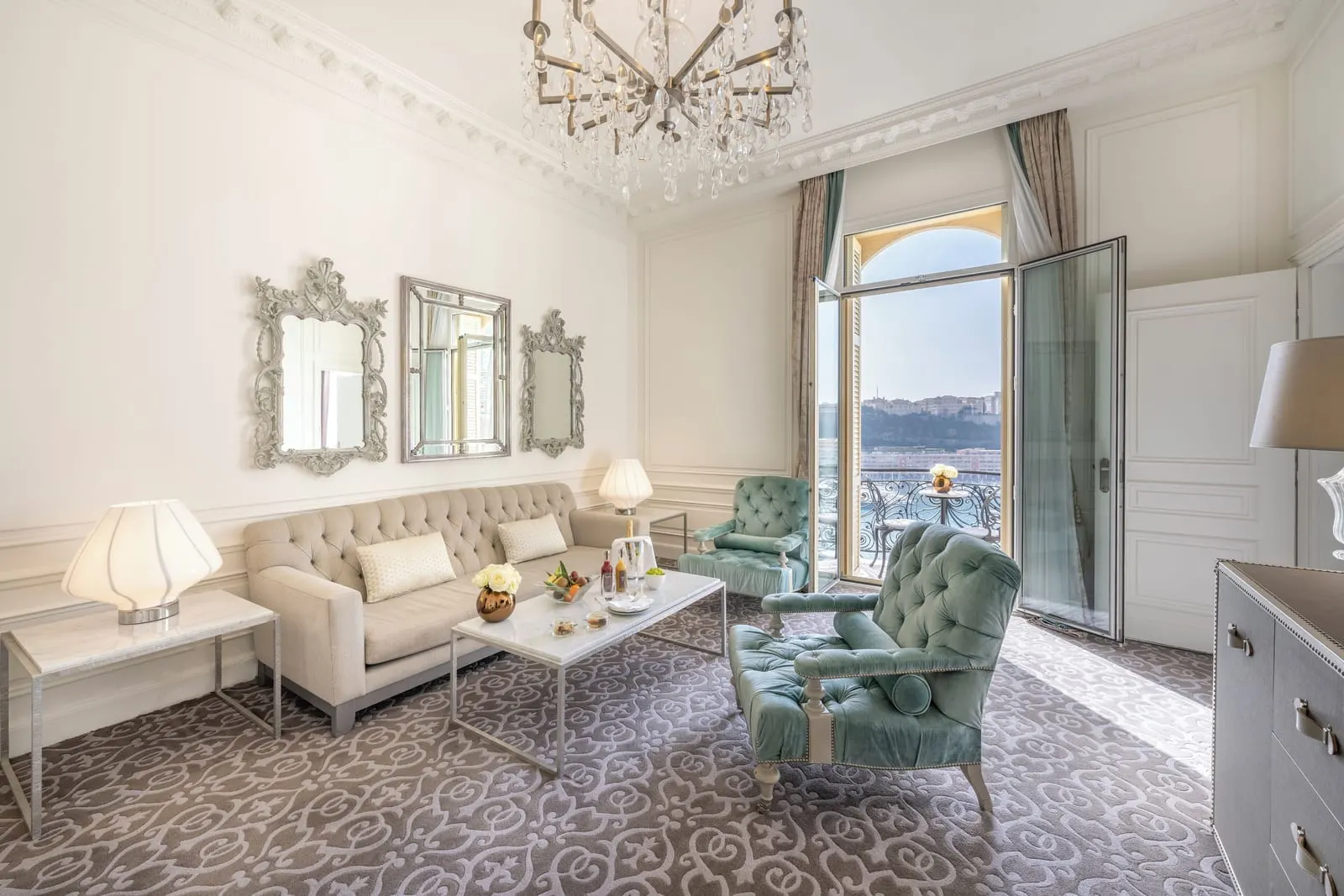 Suite with sea view at Hôtel Hermitage Monte-Carlo: the sitting room, its French windows open to the sea