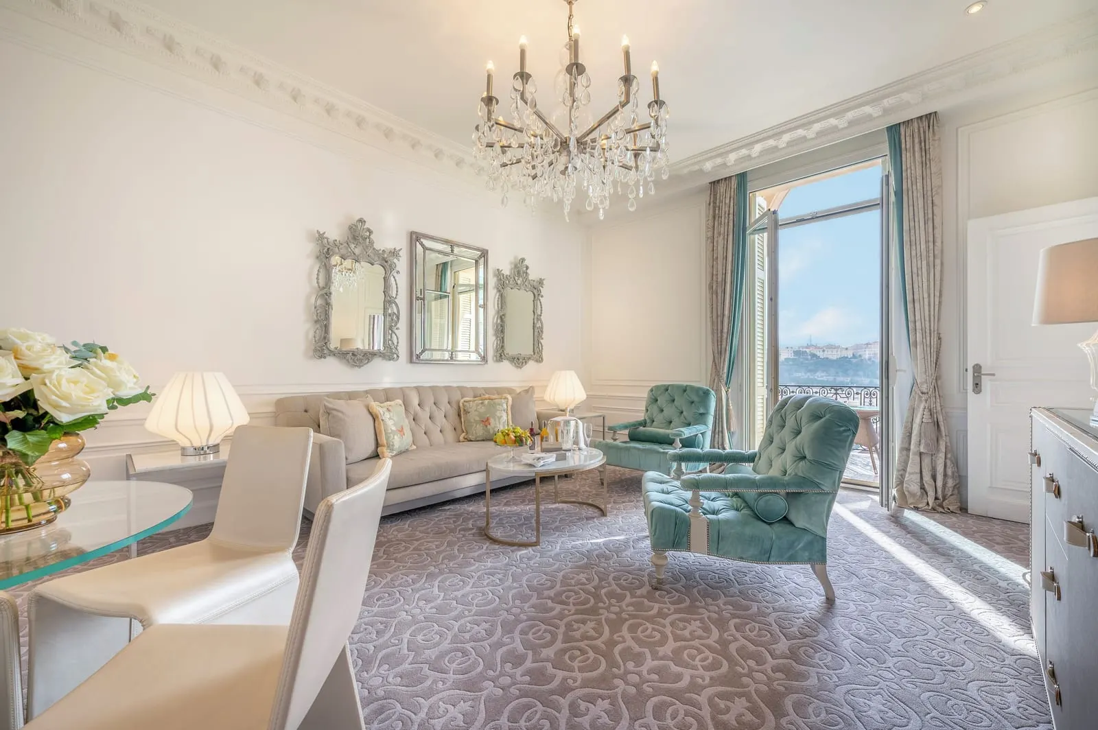 Suite with sea view and terrace at Hôtel Hermitage Monte-Carlo: the sitting room, its French windows open to the view