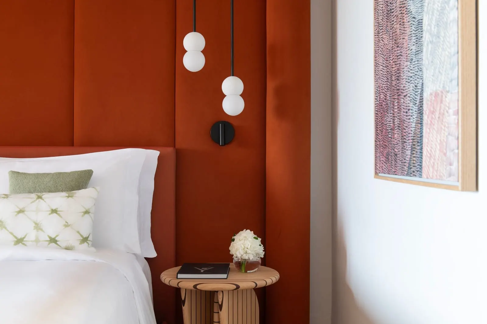 Retreat One Bedroom Suite, Adults Only, Ocean View at the Ritz-Carlton Abama: the bed, a red headboard and a bedside table