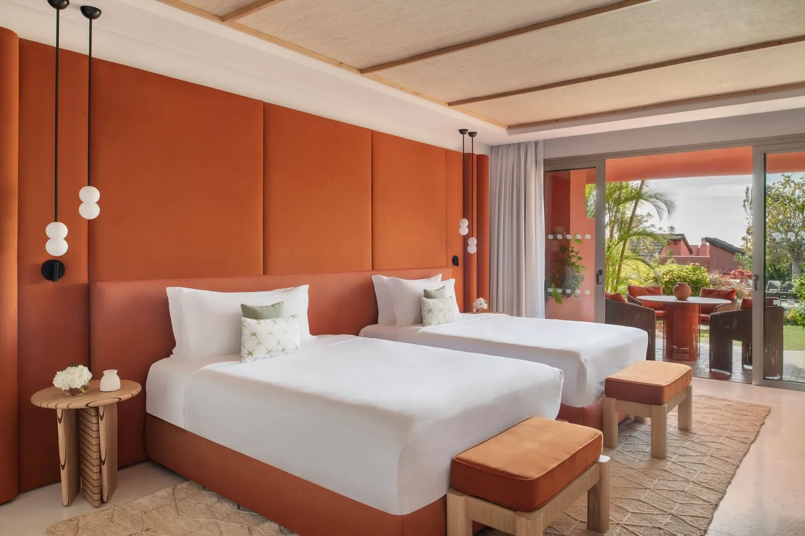 Retreat Deluxe Family Room, Garden View at the Ritz-Carlton Abama: two double beds and doors to a terrace