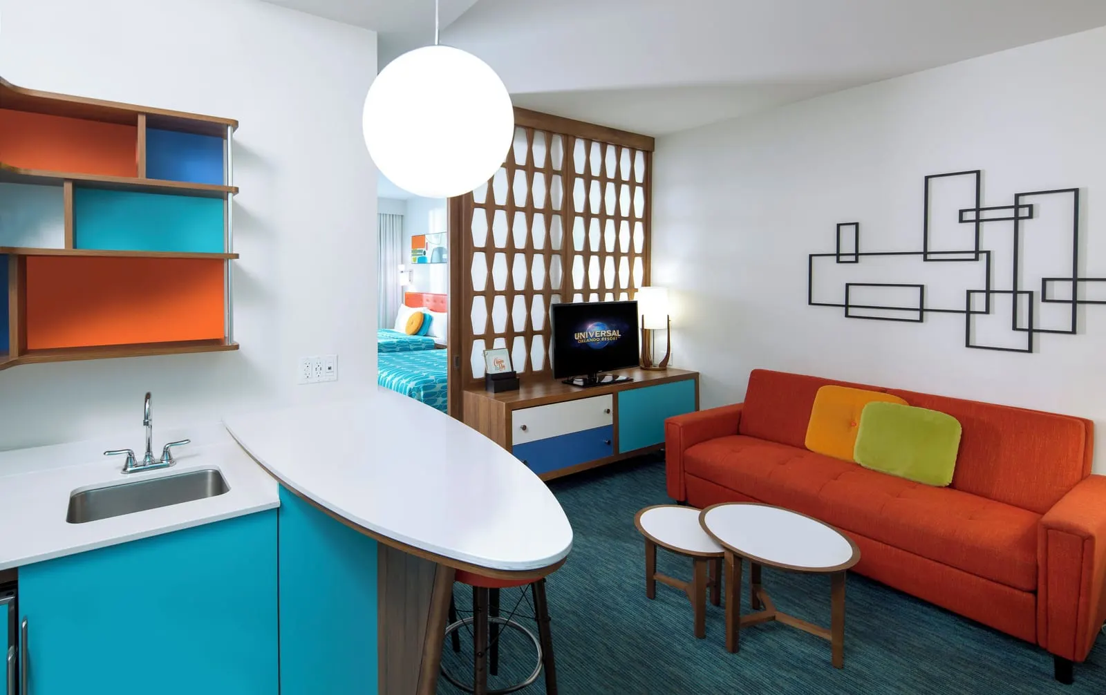Universal Cabana Bay Beach Resort: A Family Suite's living room and kitchenette