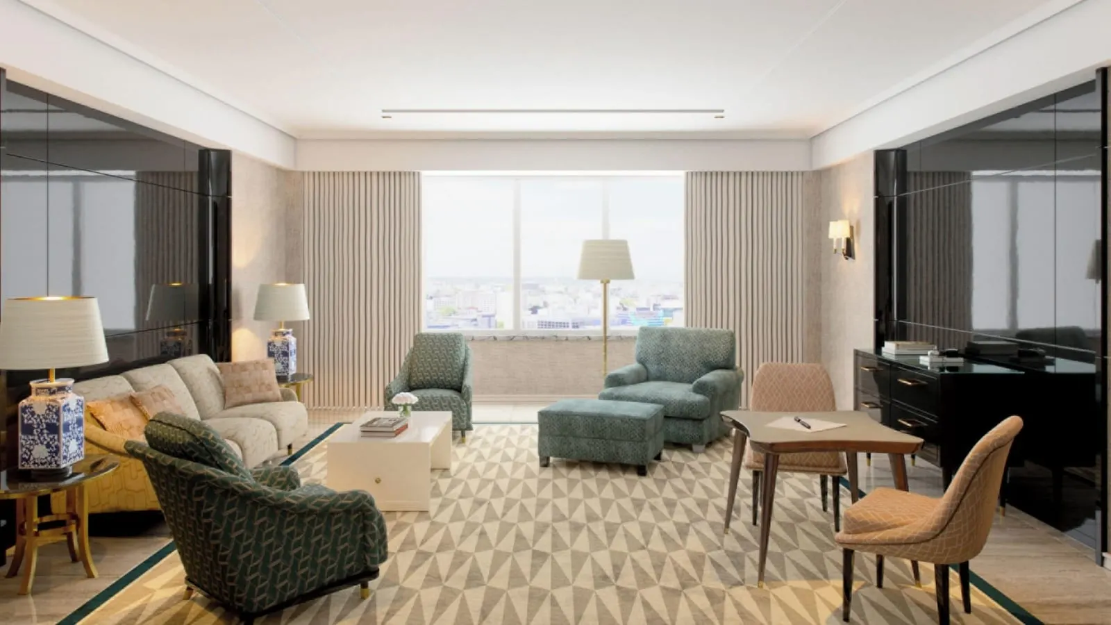 Deluxe One-Bedroom Suite at Four Seasons Ritz Lisbon: the living room, with a sofa, armchairs and a desk by the window