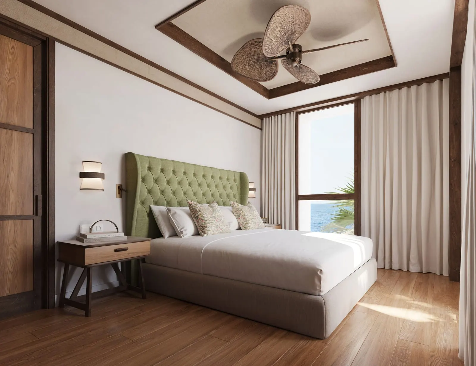 1 Bedroom Suite with Balcony Mountain View at Gran Hotel Taoro: the bedroom, a bed with a green padded headboard