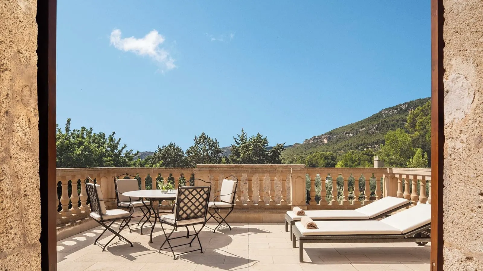 Castell Son Claret: The Tower Suite's terrace, with the hills beyond