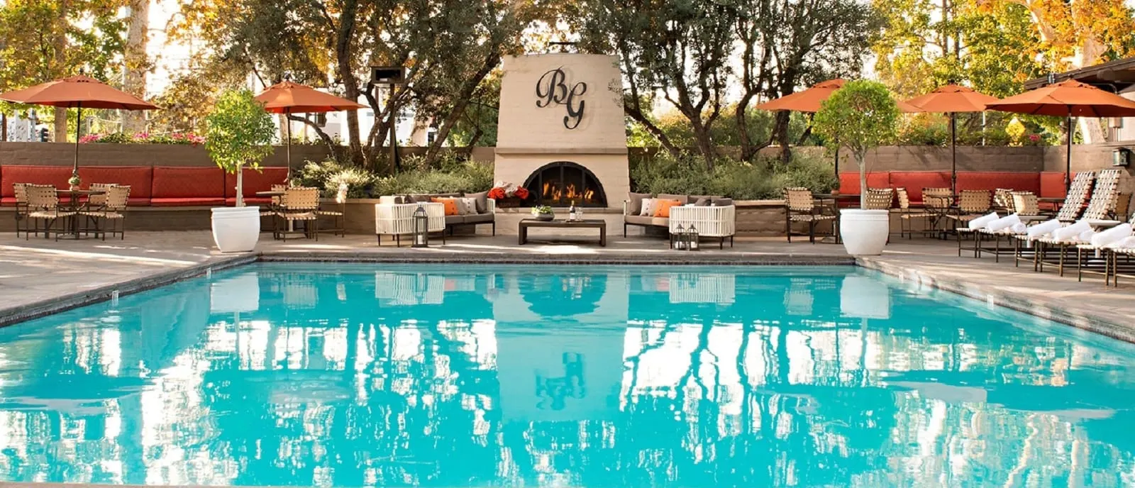 The Garland: The outdoor pool and its fireplace