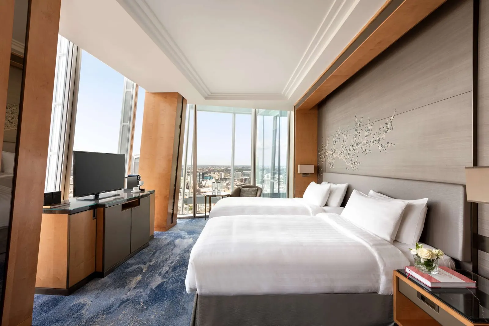 Deluxe City View Room at Shangri-La The Shard: two beds, a television unit and floor-to-ceiling windows
