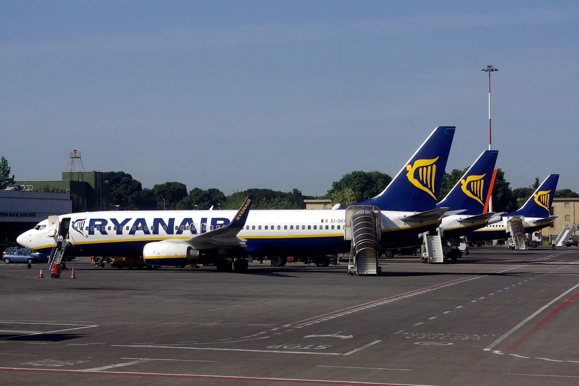 Boeing 737s parked on the stands in front of the terminal at Rome Ciampino Airport
