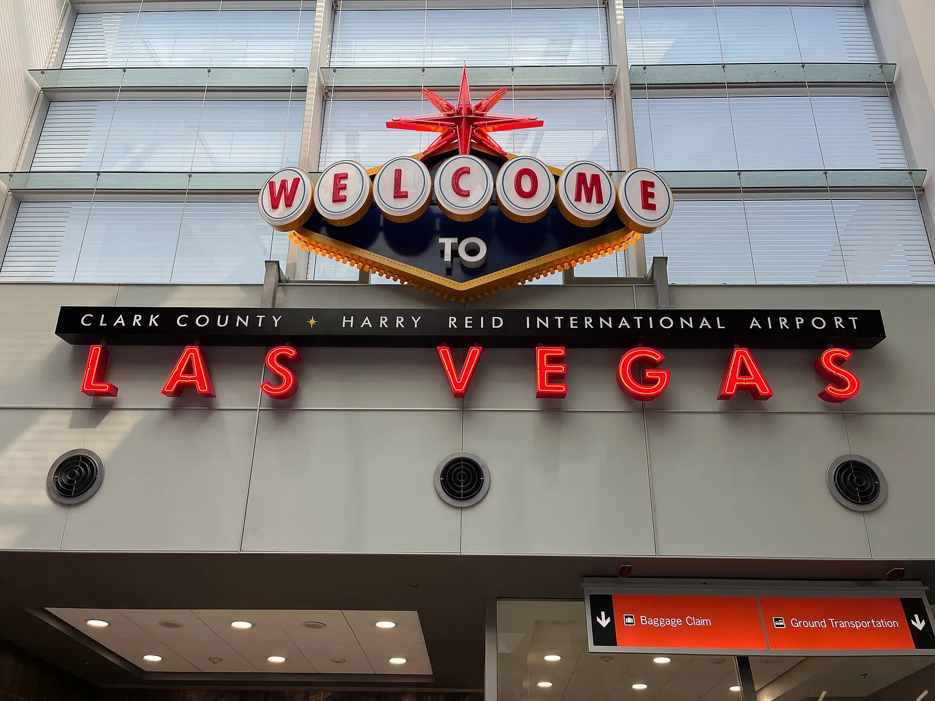 The Welcome to Las Vegas sign greeting arriving passengers at Harry Reid International