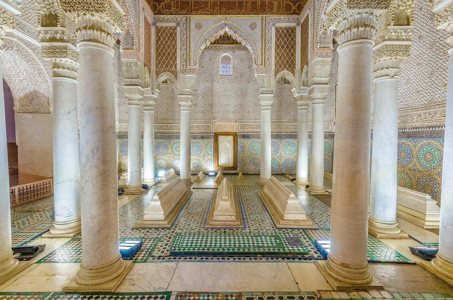 Marble columns, carved stucco and zellij tiles around the tombs in the Hall of the Twelve Columns at the Saadian Tombs