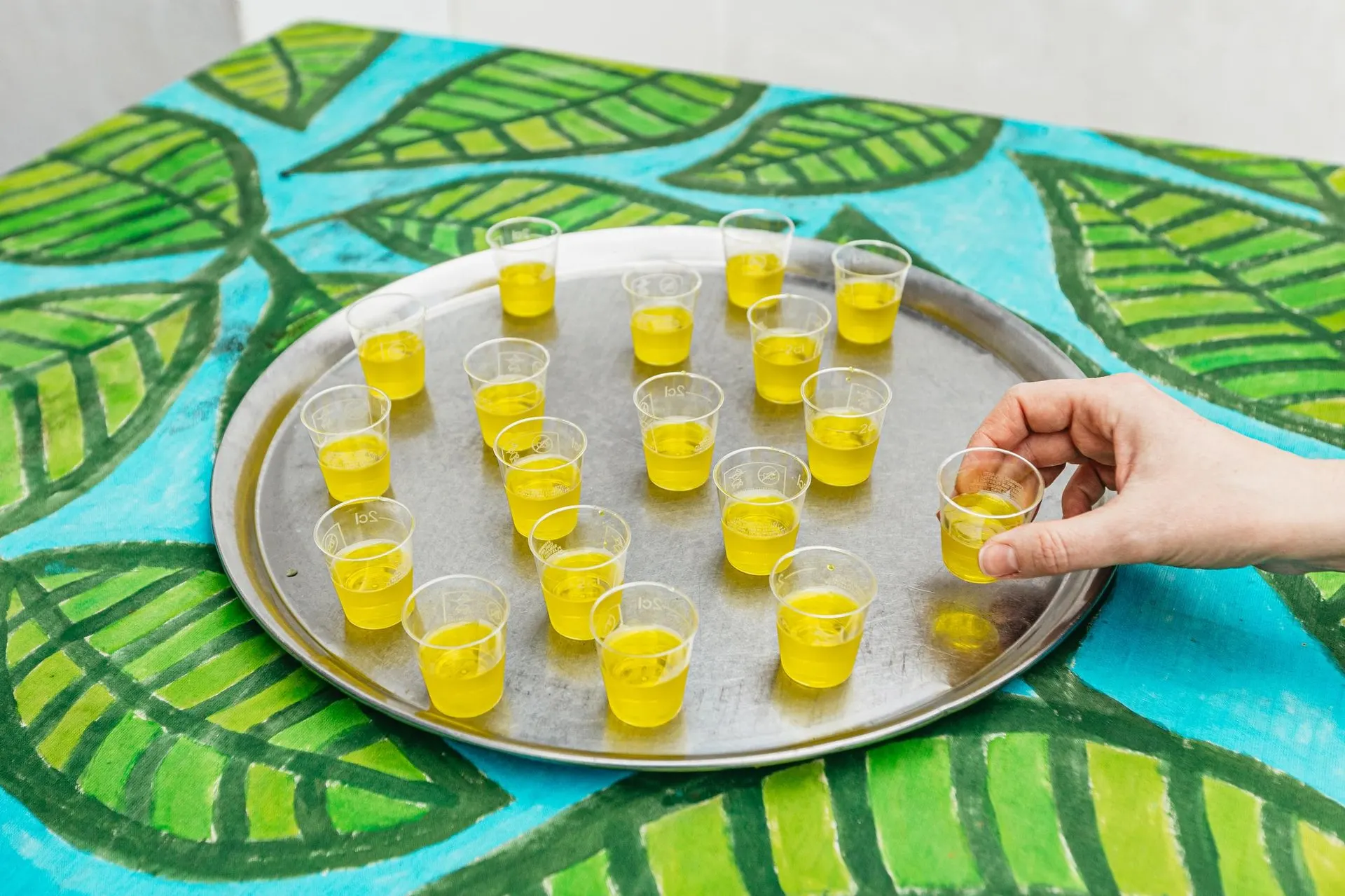 A tray of banana liqueur shots ready for the tasting