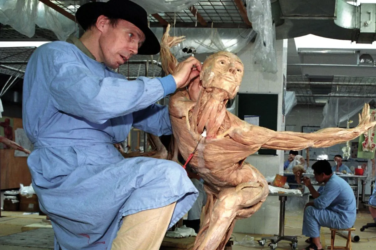 Gunther von Hagens in a hat and blue gown working on a whole-body plastinate in his laboratory