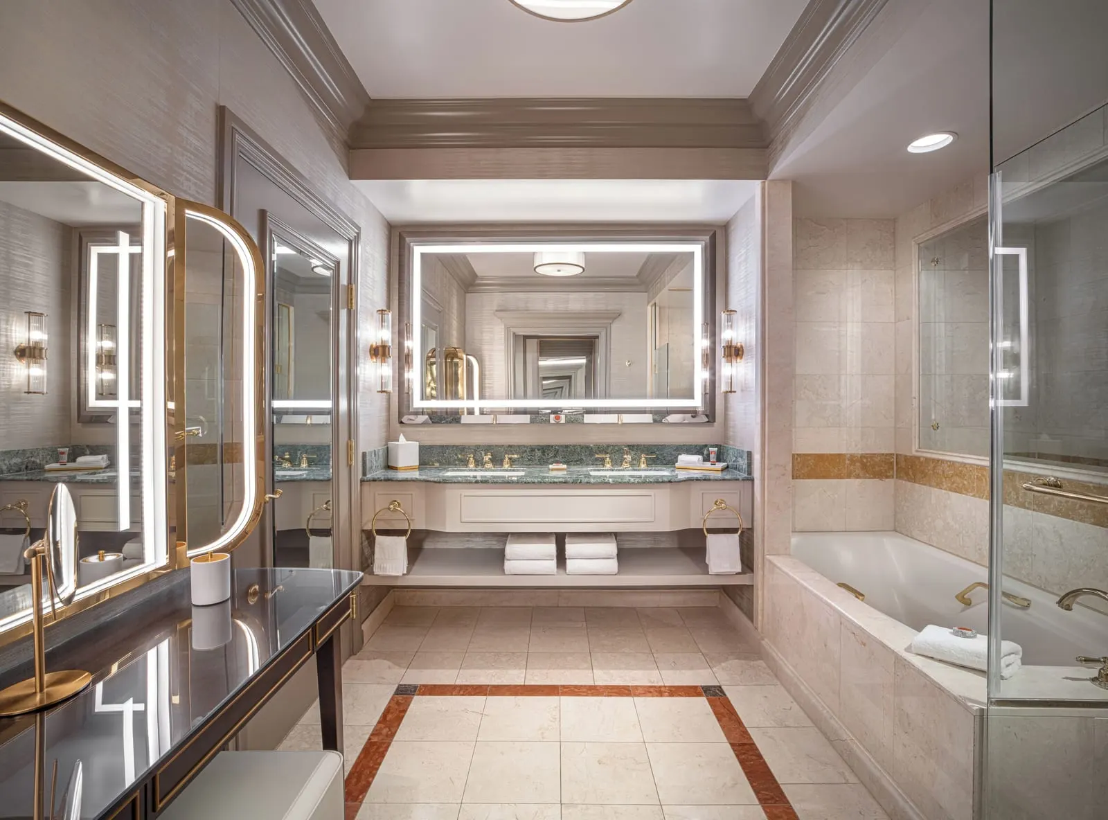 The Venetian Resort Las Vegas: A marble bathroom with a Roman tub and shower