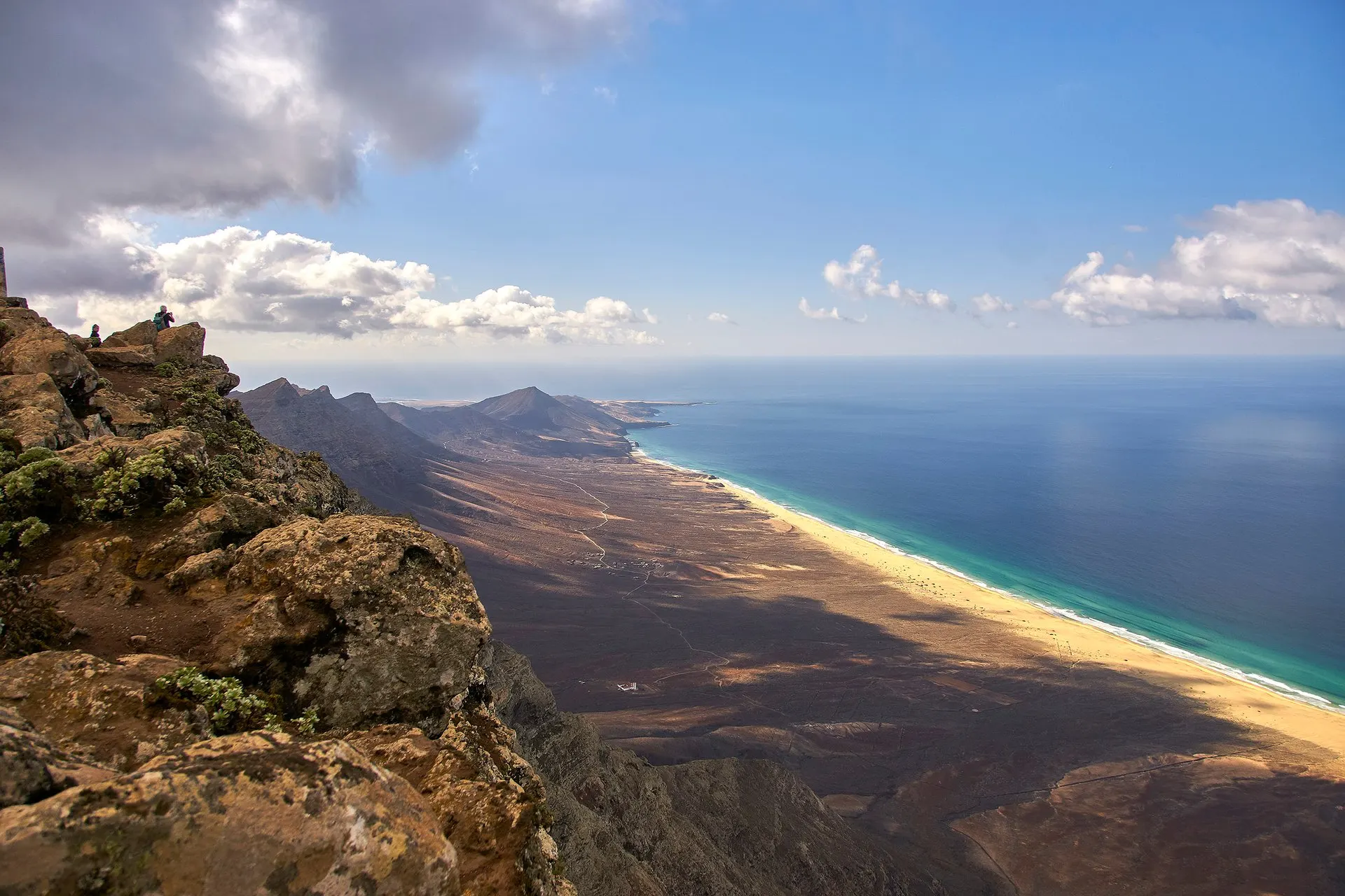 Cofete beach and the Jandía mountains seen from a rocky ridge high above the west coast