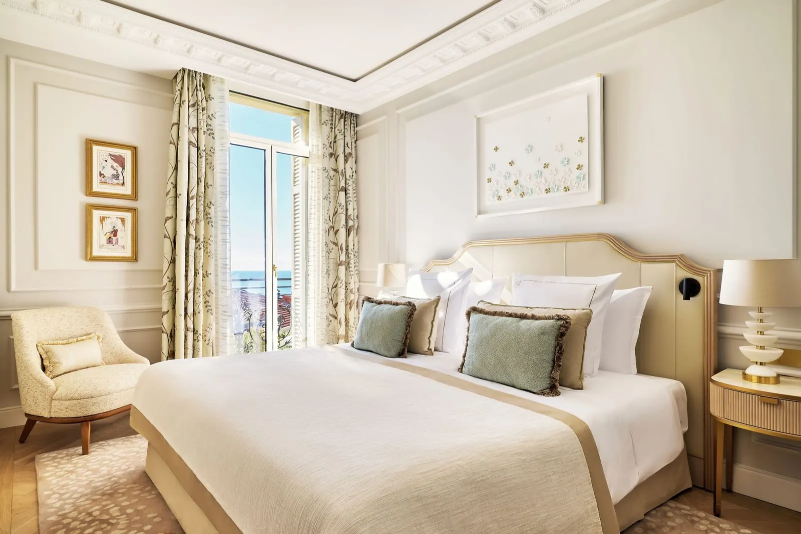 Exclusive Prestige Room with sea view at Hôtel Hermitage Monte-Carlo: the bed, an armchair and a French window to the sea