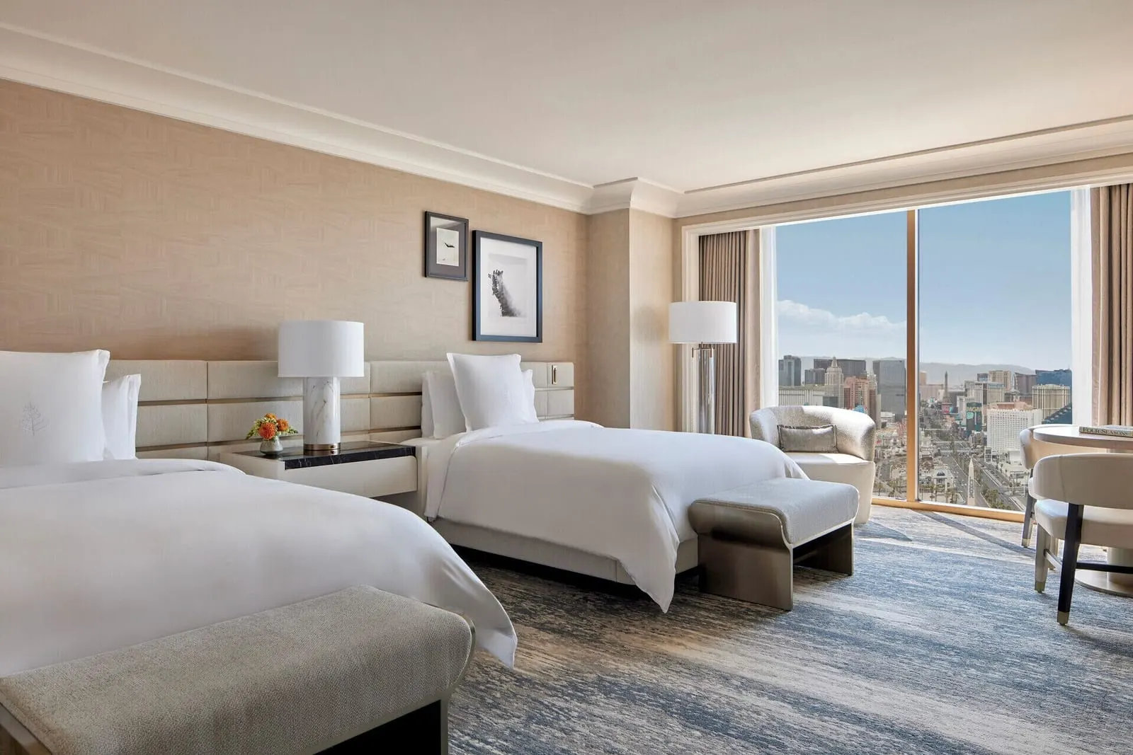 Four Seasons Hotel Las Vegas: A two-queen Strip View Room, looking north up the Strip