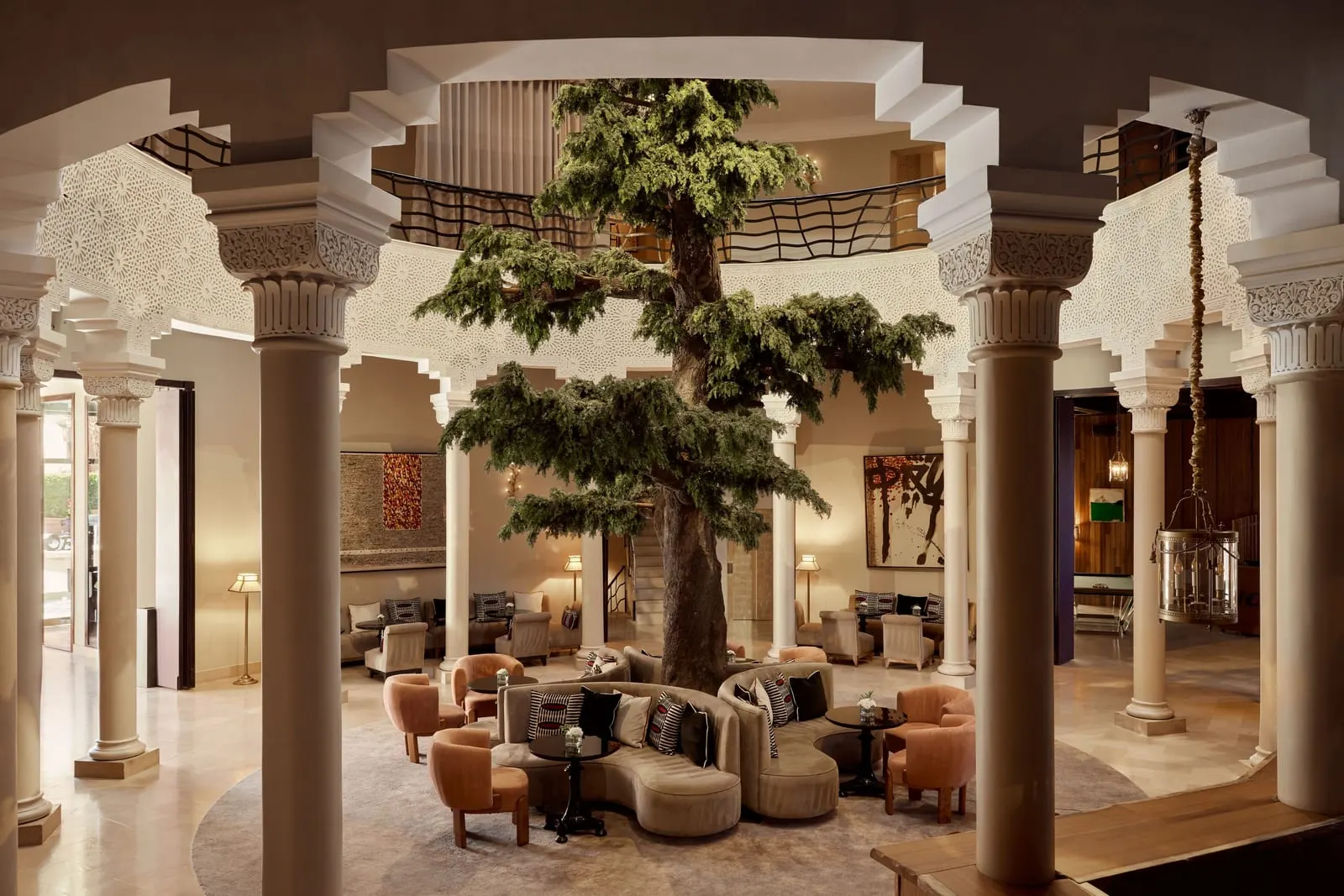 Nobu Hotel Marrakech: The lobby, with its towering bonsai and pillars