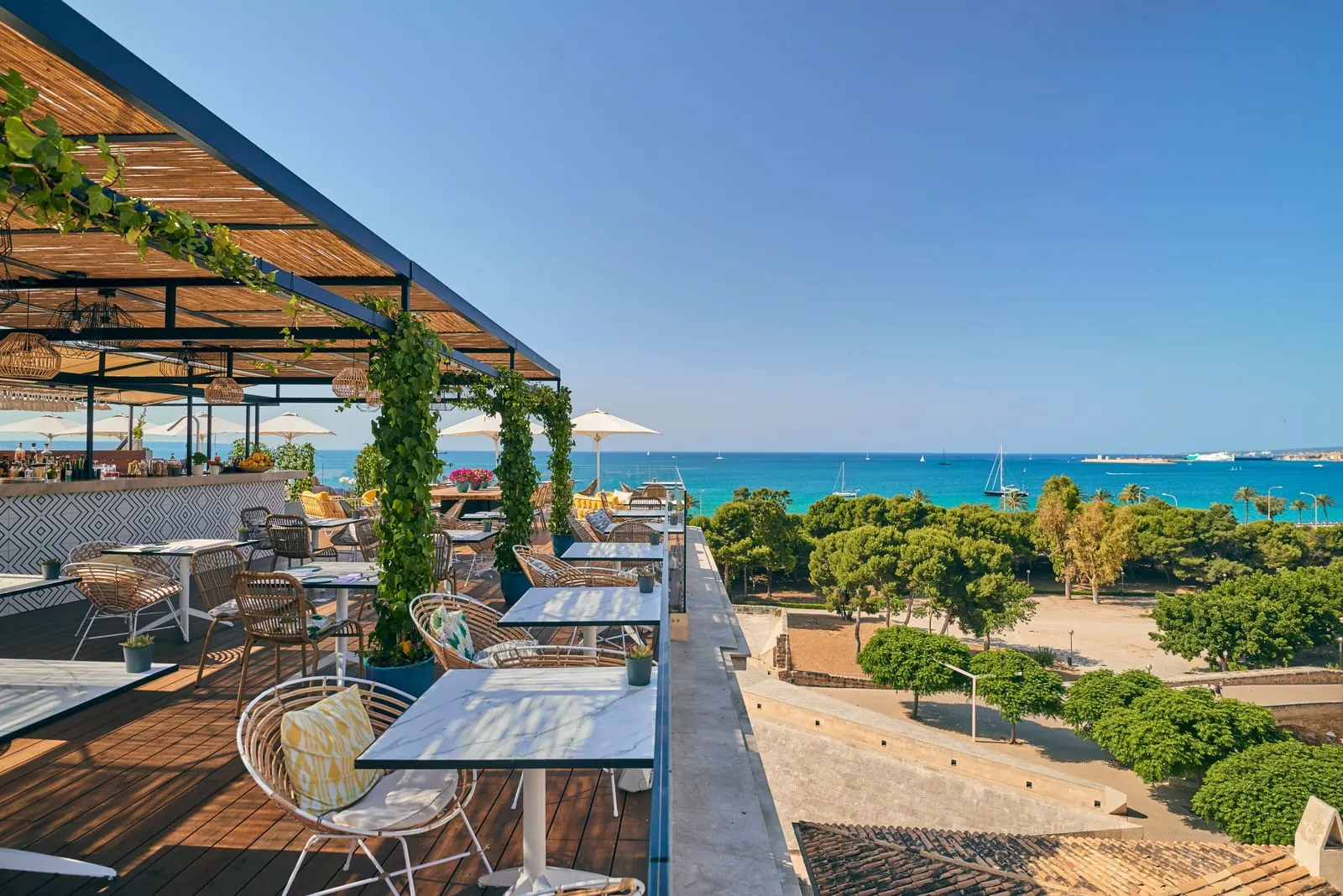 Es Princep: The rooftop terrace bar above the pines and the bay