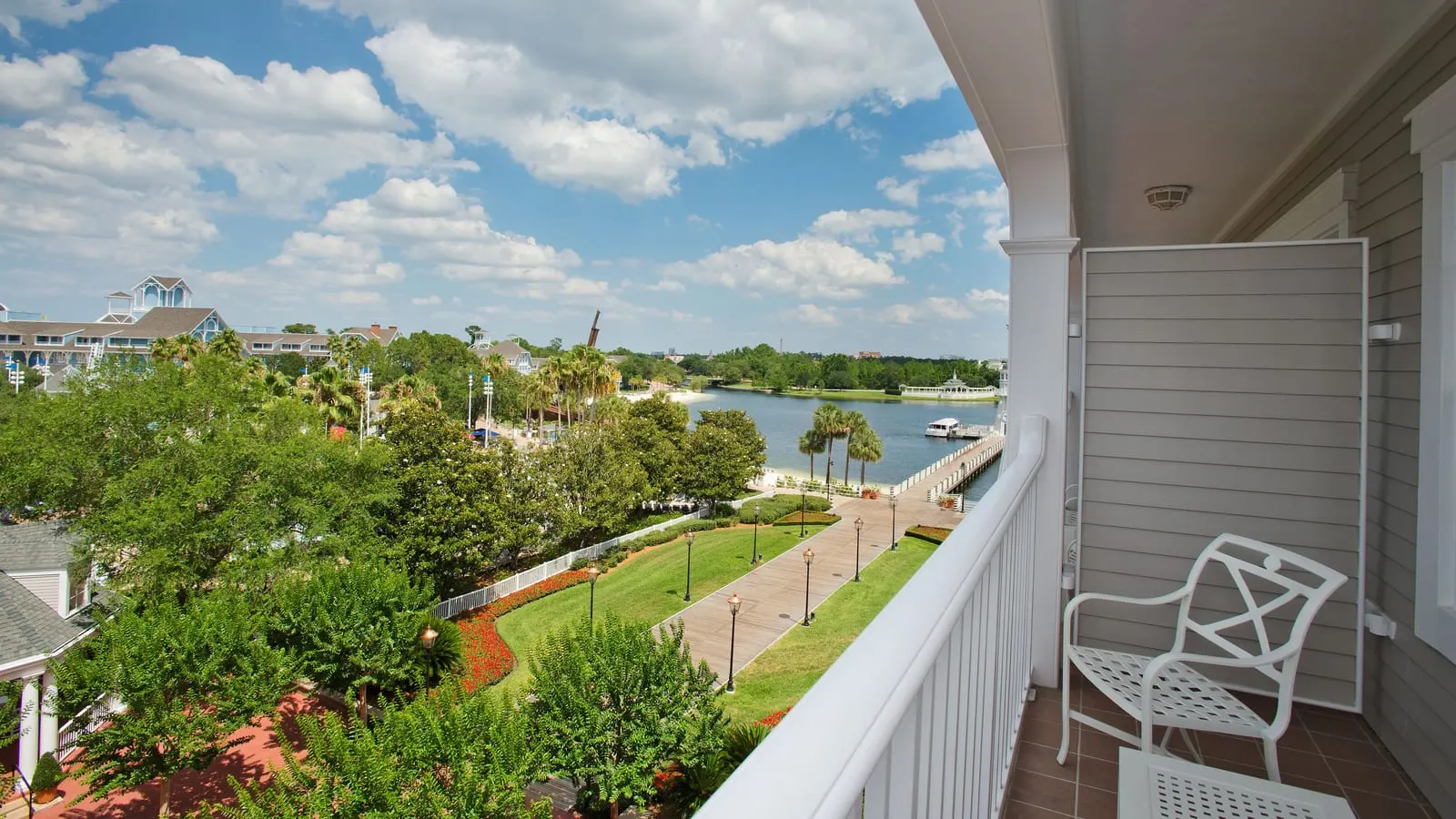 Disney's Yacht Club Resort: The lakeside lawns and pier from a balcony