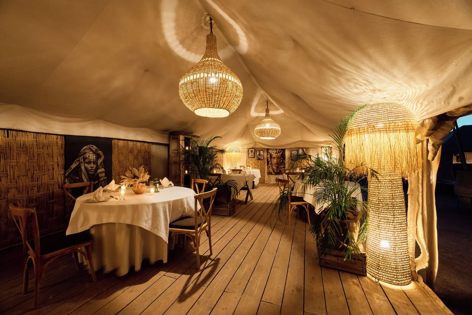 Inara Camp: The dining tent laid for dinner