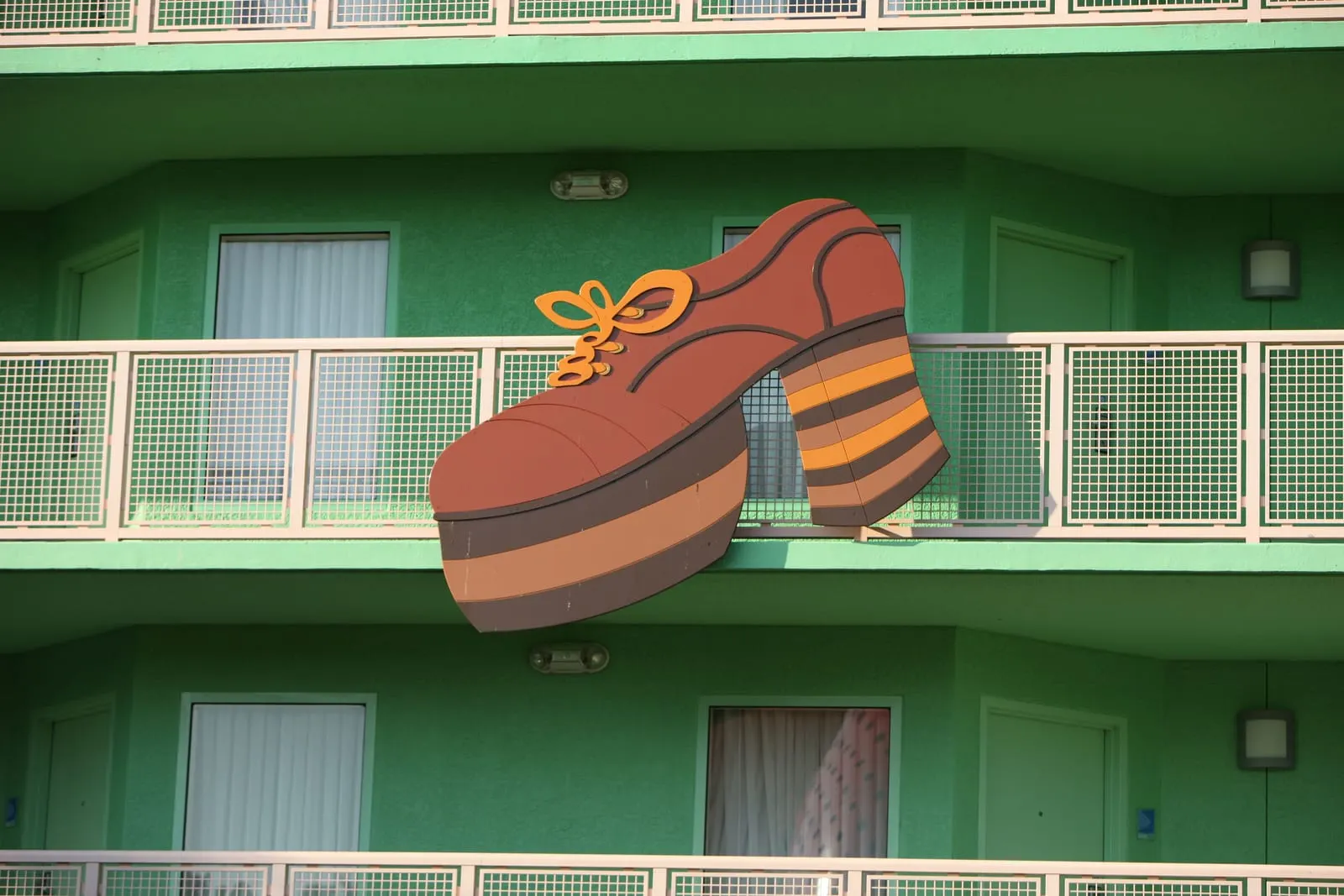 Disney's Pop Century Resort: A giant platform shoe on a 1970s block