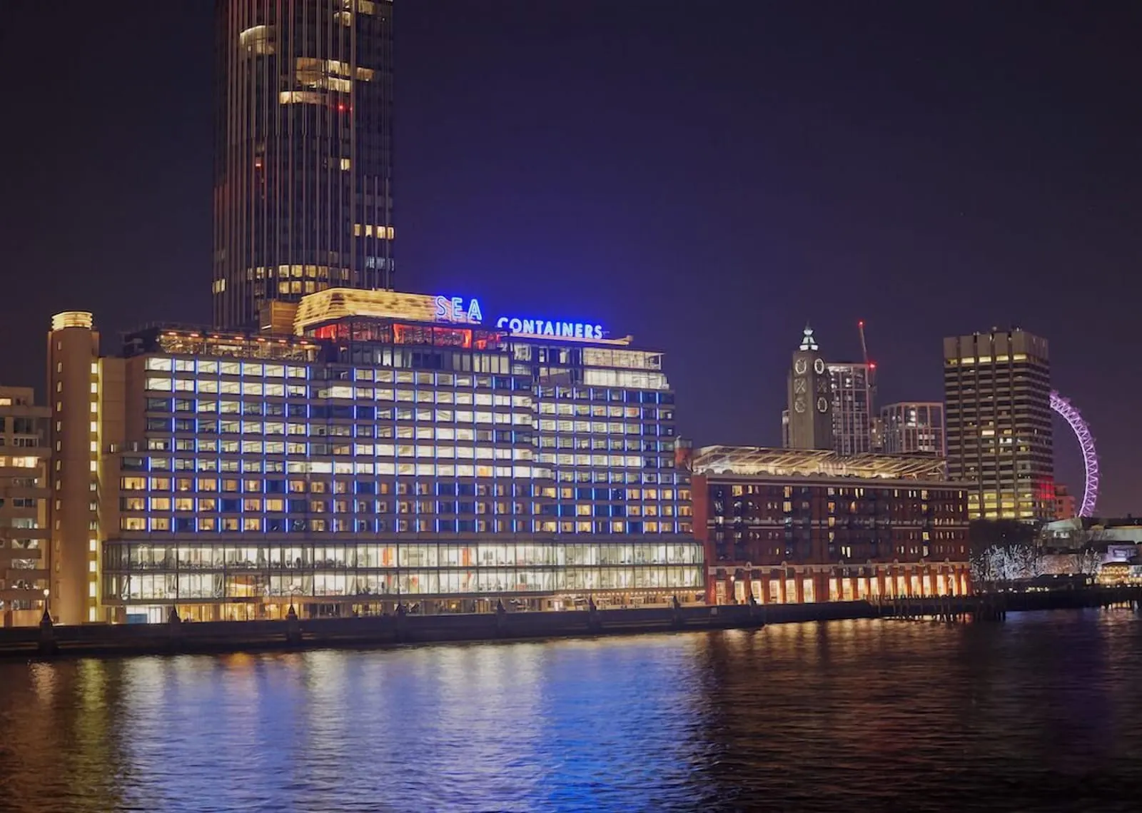 Sea Containers London: The building lit from the water
