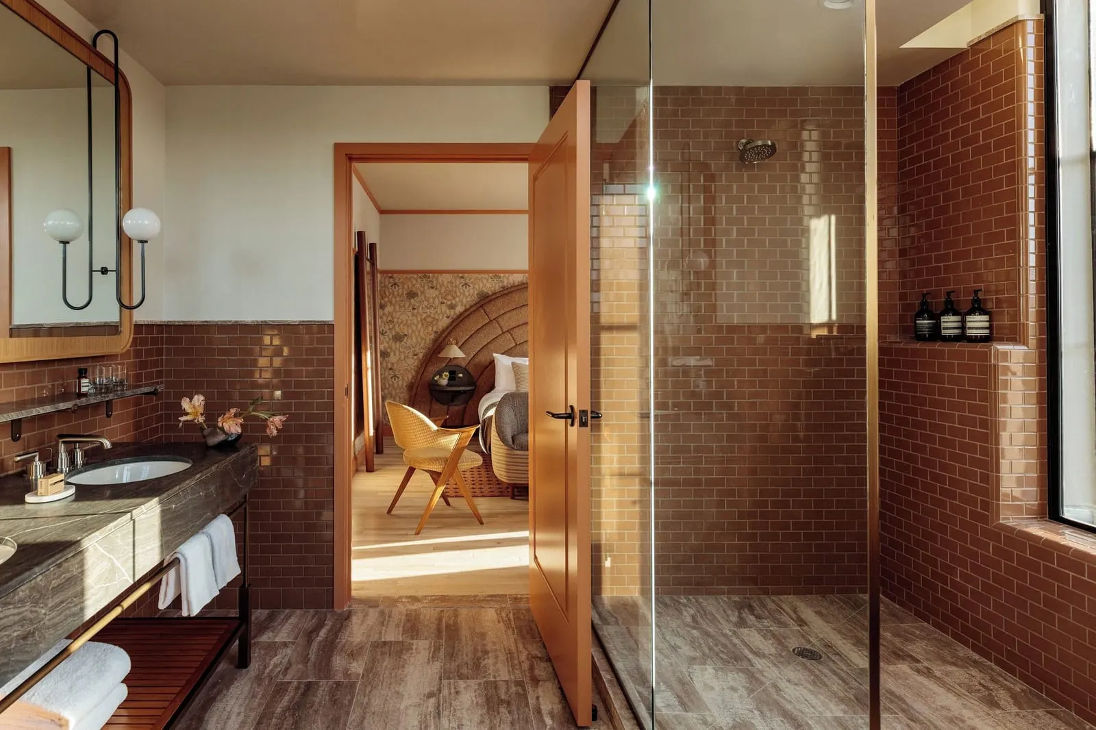 Santa Monica Proper Hotel: A glazed-tile bathroom with a walk-in shower