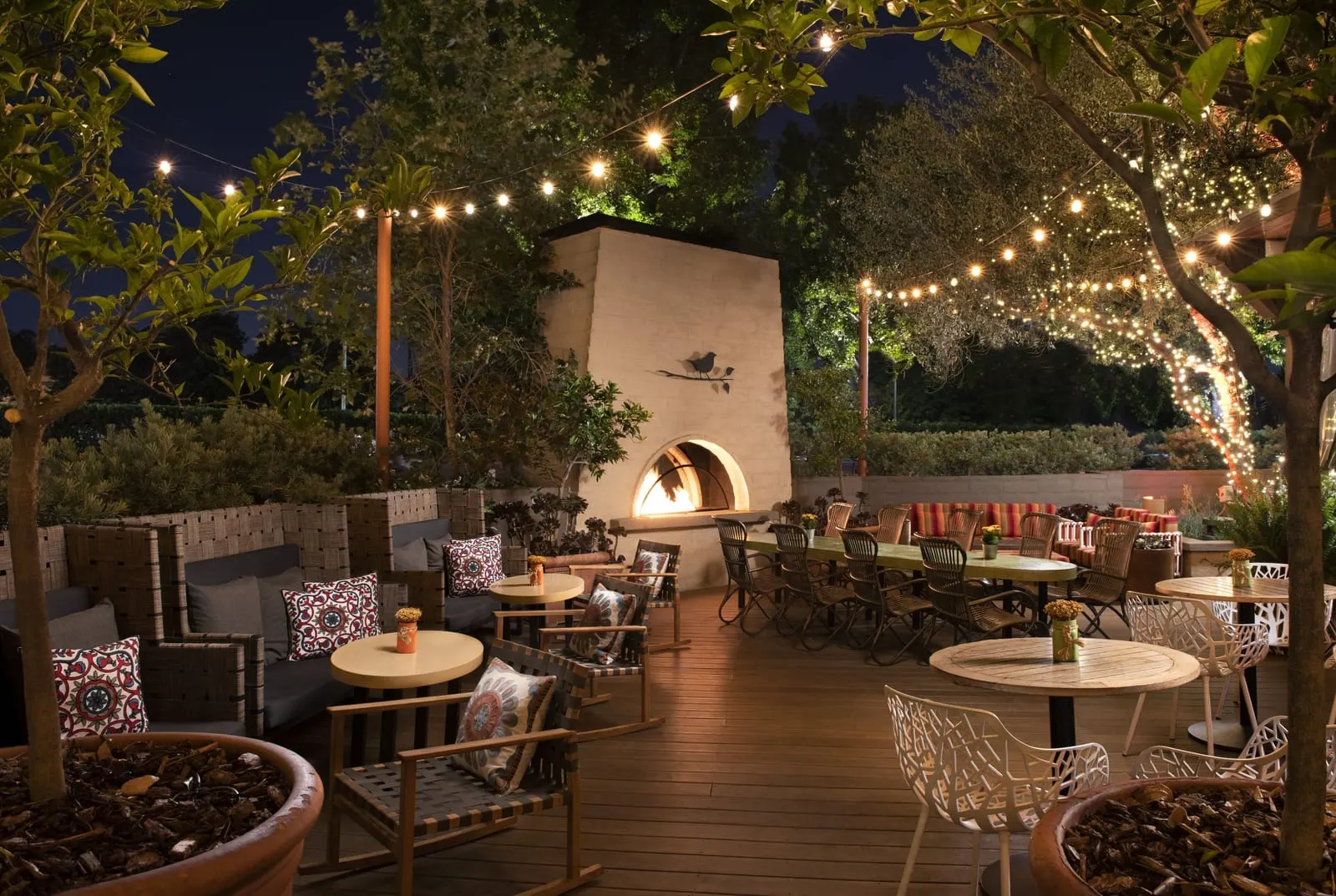 The Garland: The Front Yard patio under string lights
