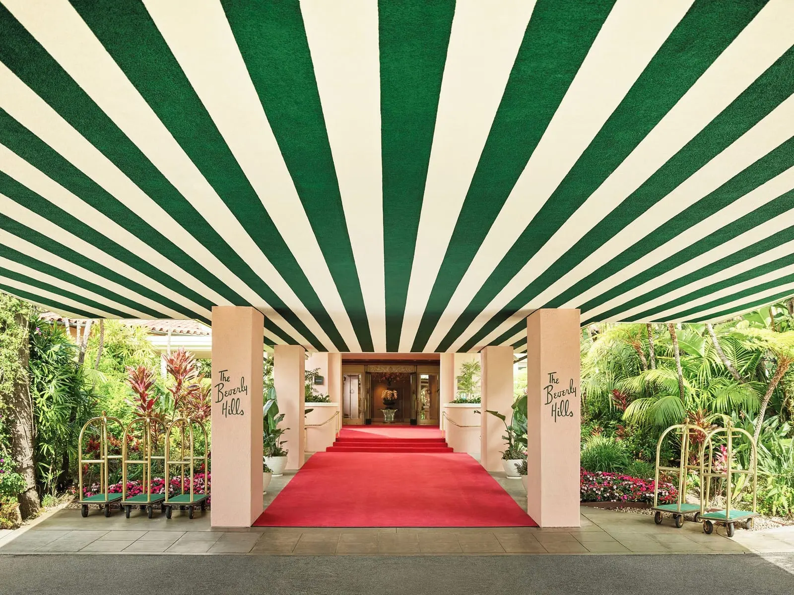The Beverly Hills Hotel: The green-striped entrance and red carpet