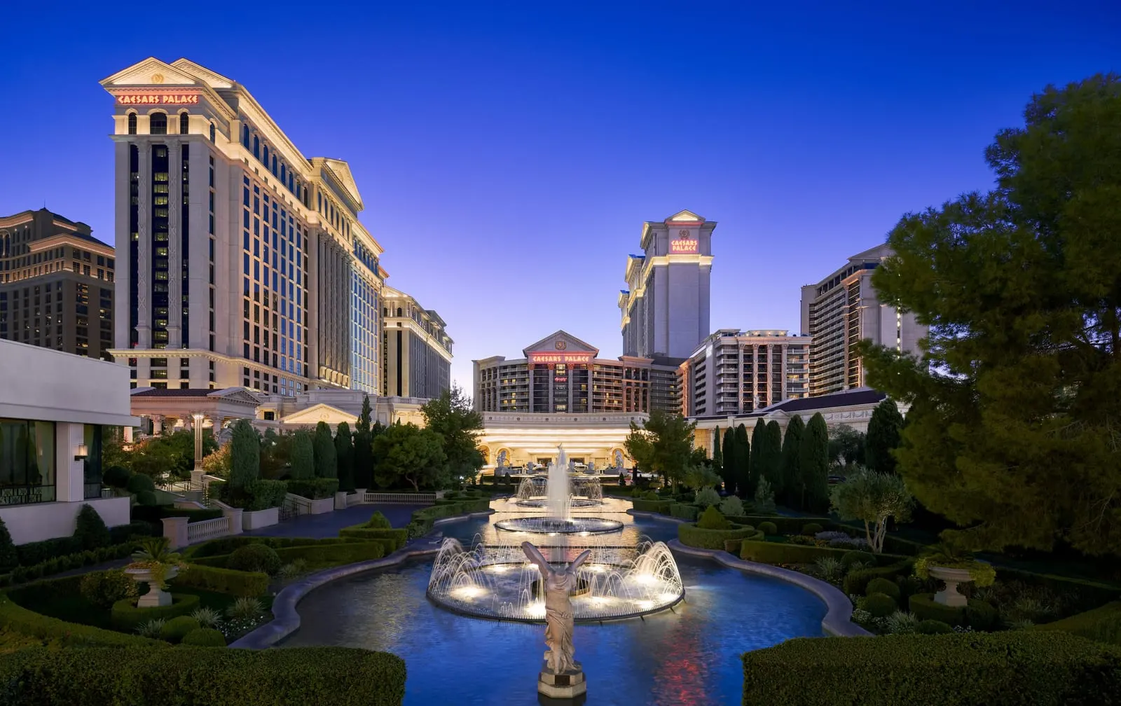 Caesars Palace: The fountains and towers of Caesars Palace at dusk
