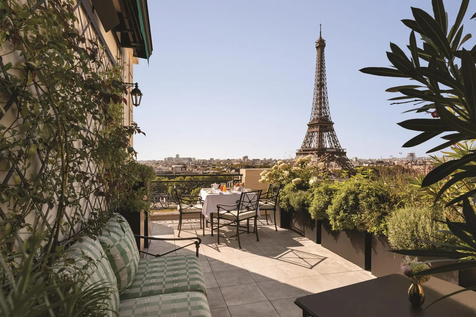 Paris: the Eiffel Tower across the Seine from a terrace in the 16th