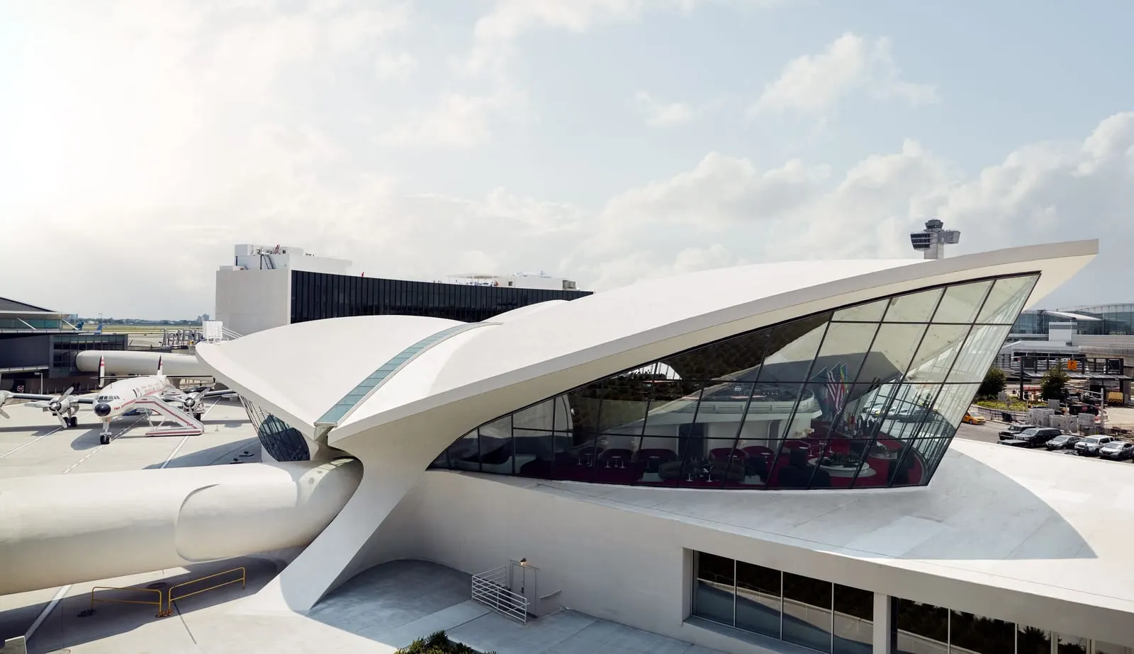 TWA Hotel: The Saarinen building from a Historic TWA View room