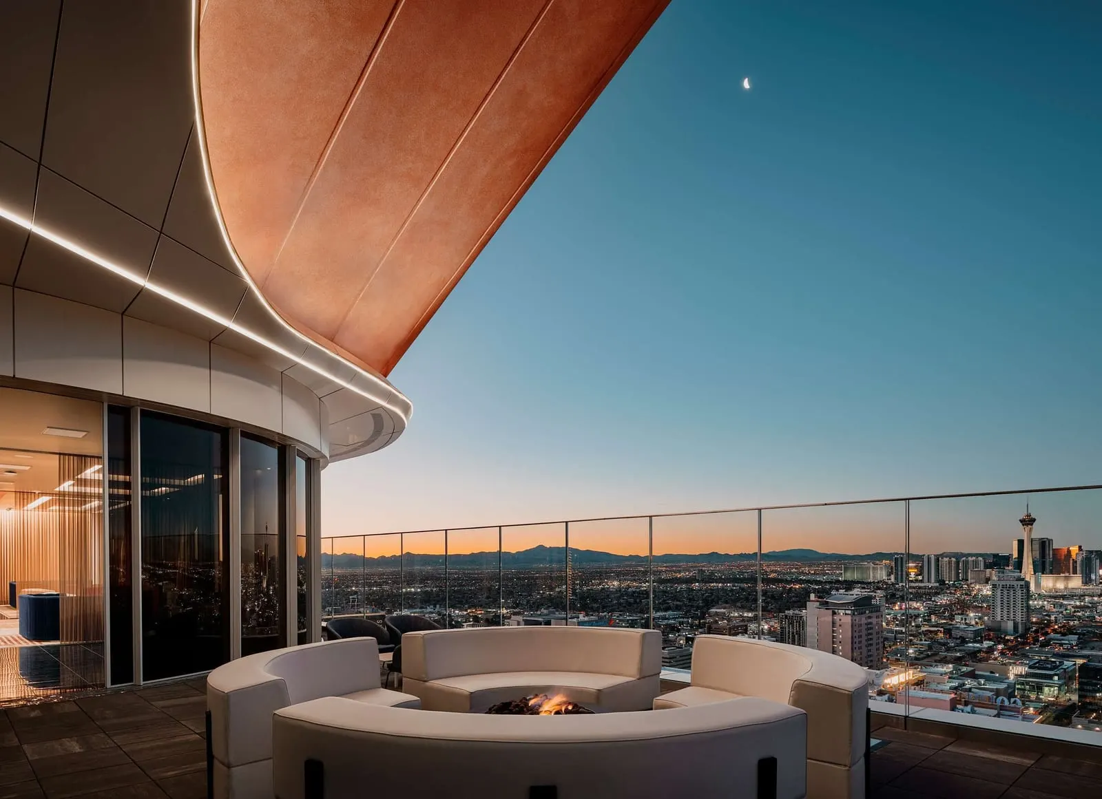 Circa Resort & Casino: A fire pit on the Legacy Club terrace at dusk