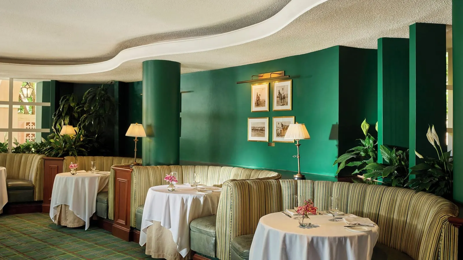 The Beverly Hills Hotel: Striped banquettes in the Polo Lounge