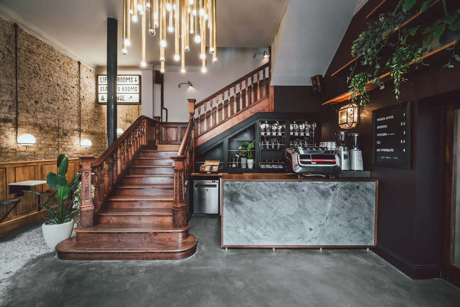 The Pilgrm: The salvaged staircase and the coffee counter