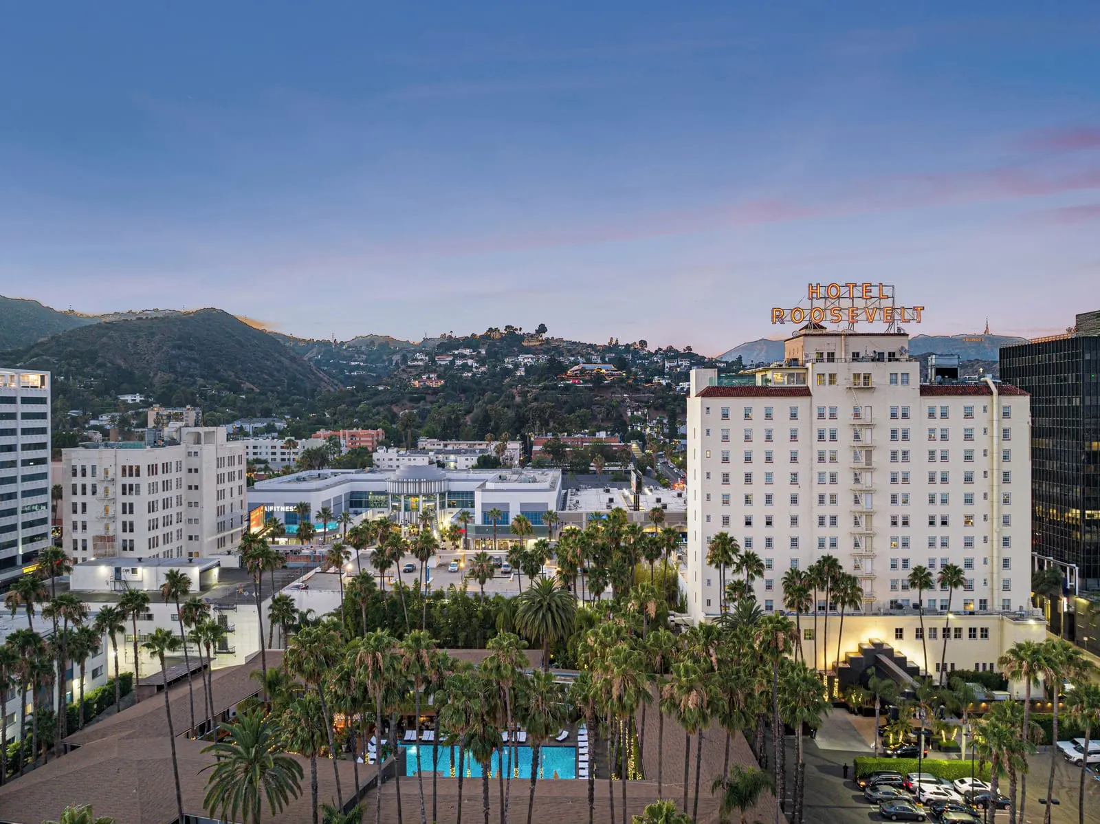 The Hollywood Roosevelt: The tower and the Hollywood Hills at dusk
