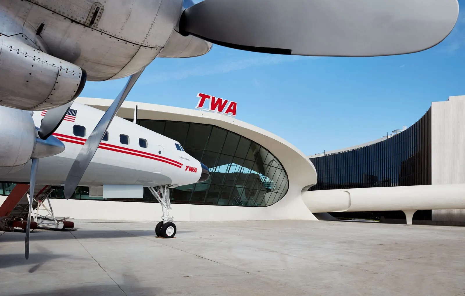 TWA Hotel: Connie, the 1958 Lockheed Constellation outside the terminal