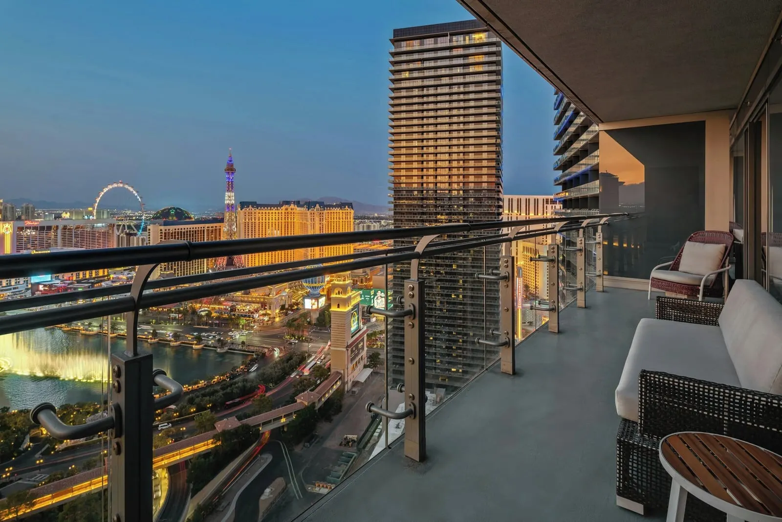 The Cosmopolitan of Las Vegas: Dusk on a terrace with the Bellagio fountains in view