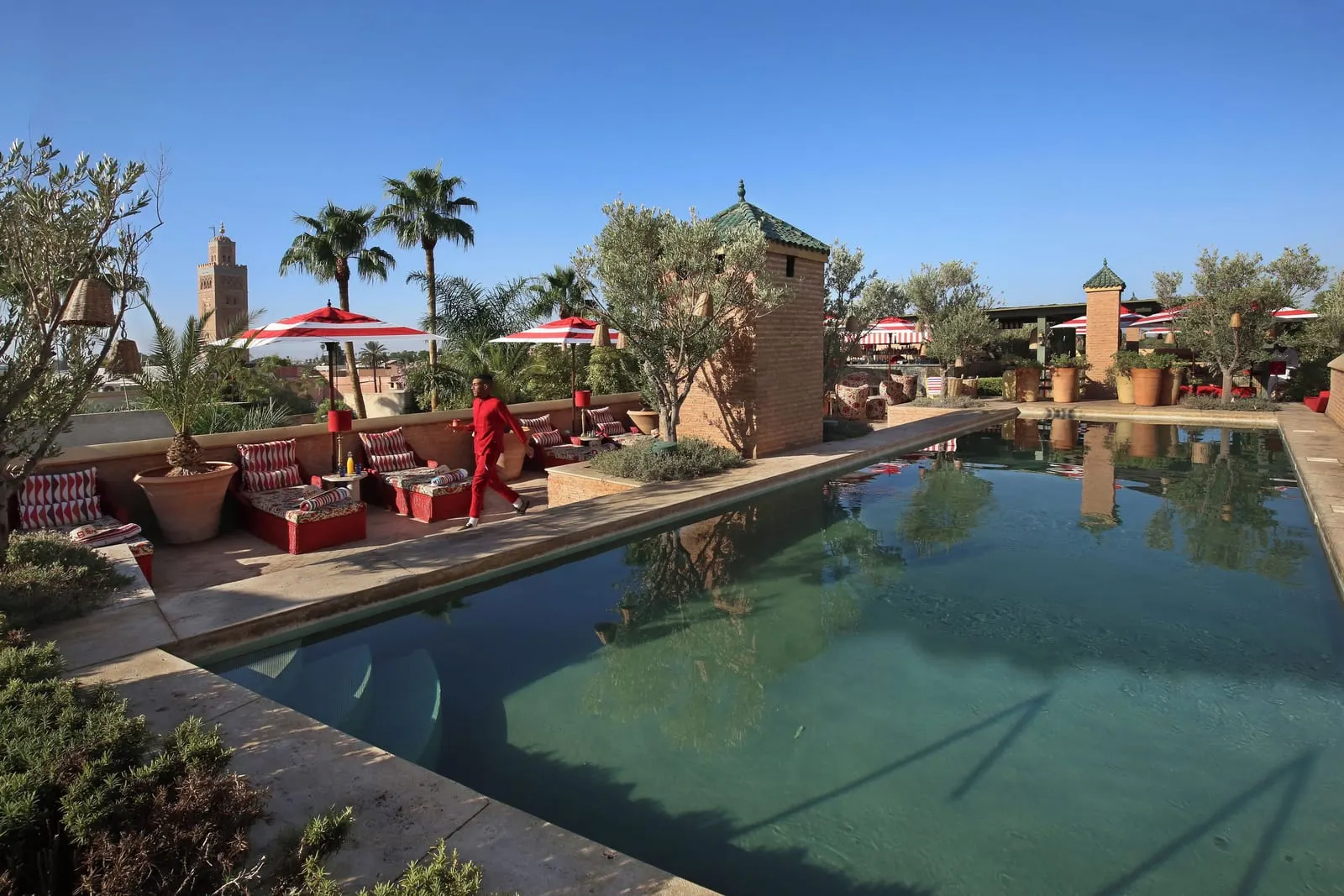 Marrakech: the Koutoubia minaret beyond the rooftop pool at El Fenn