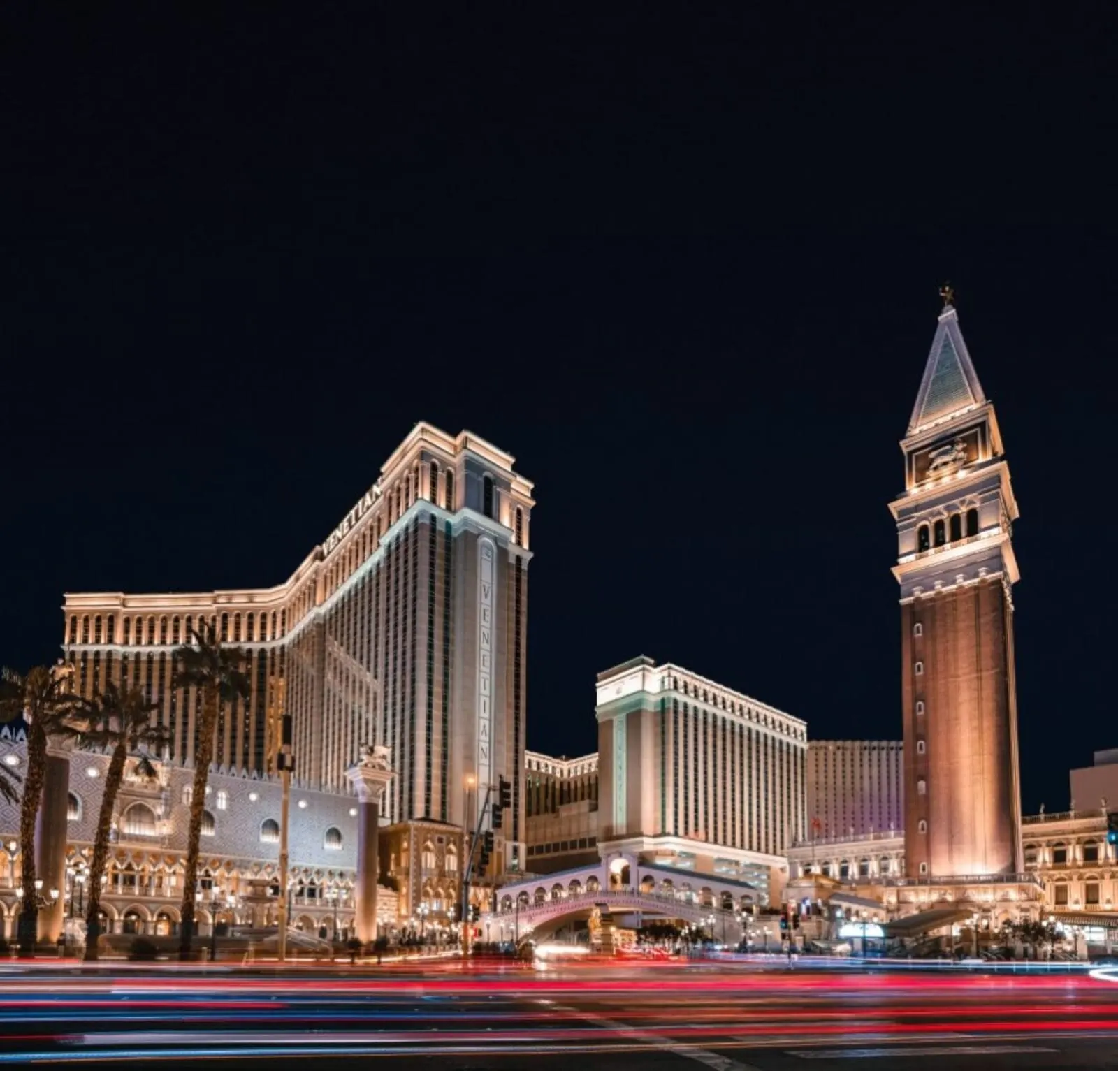 The Venetian Resort Las Vegas: The Campanile and Rialto Bridge on the Strip at night