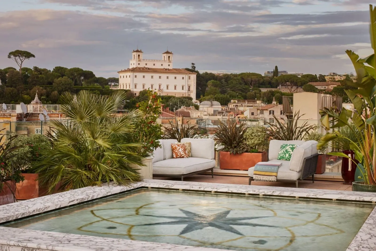 Bvlgari Hotel Roma: The mosaic on the roof terrace, and the Pincio beyond