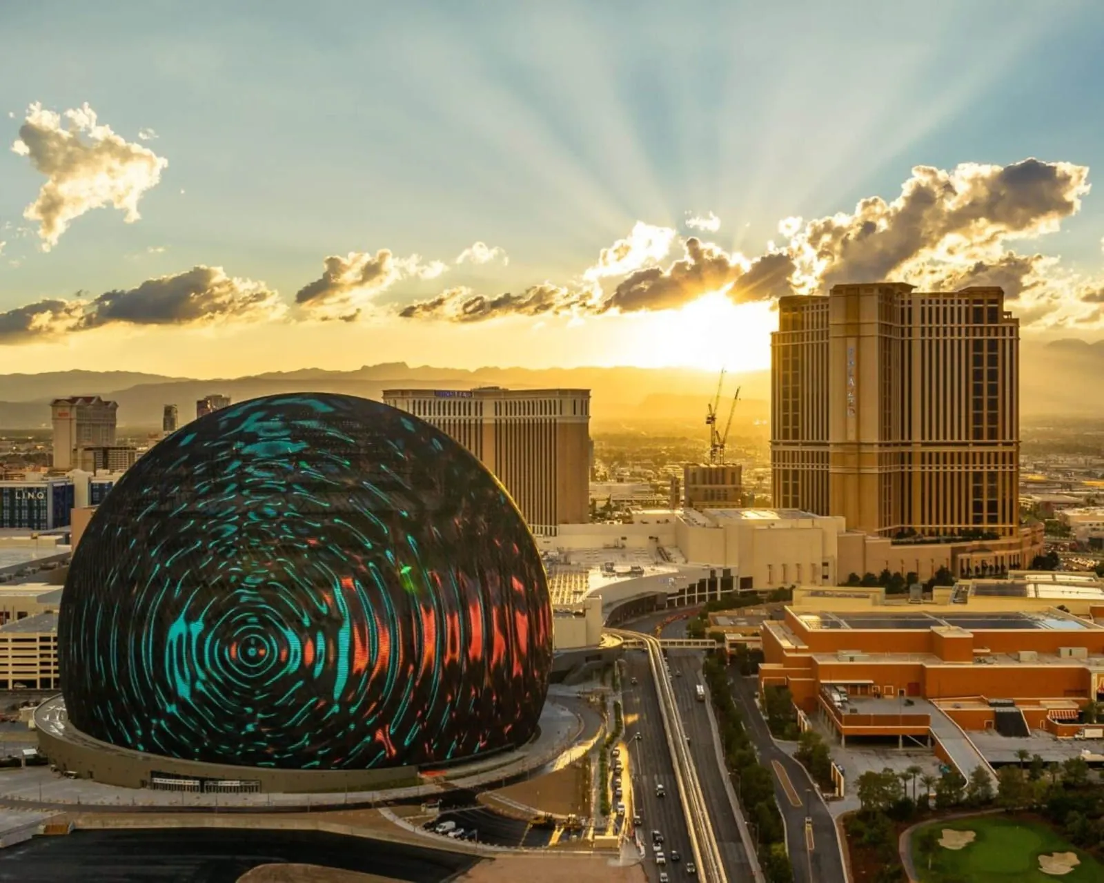 The Venetian Resort Las Vegas: Sphere and the resort's towers at sunset
