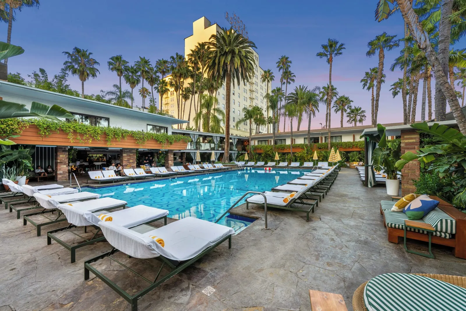 The Hollywood Roosevelt: The Tropicana pool and tower at dusk