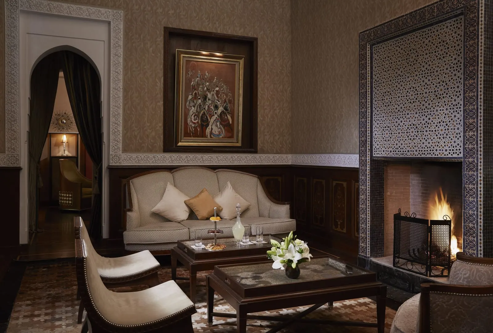 Royal Mansour Marrakech: A riad sitting room with an open fire