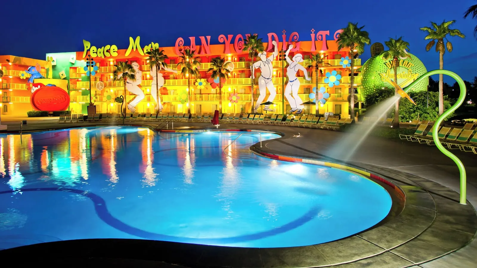 Disney's Pop Century Resort: The Hippy Dippy Pool at dusk
