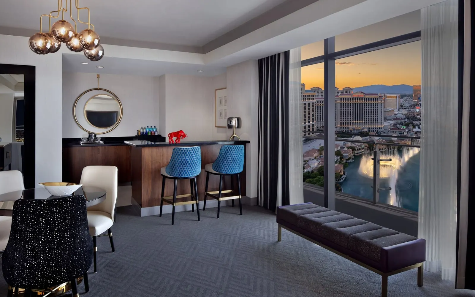 The Cosmopolitan of Las Vegas: A suite facing the Bellagio fountains at sunset