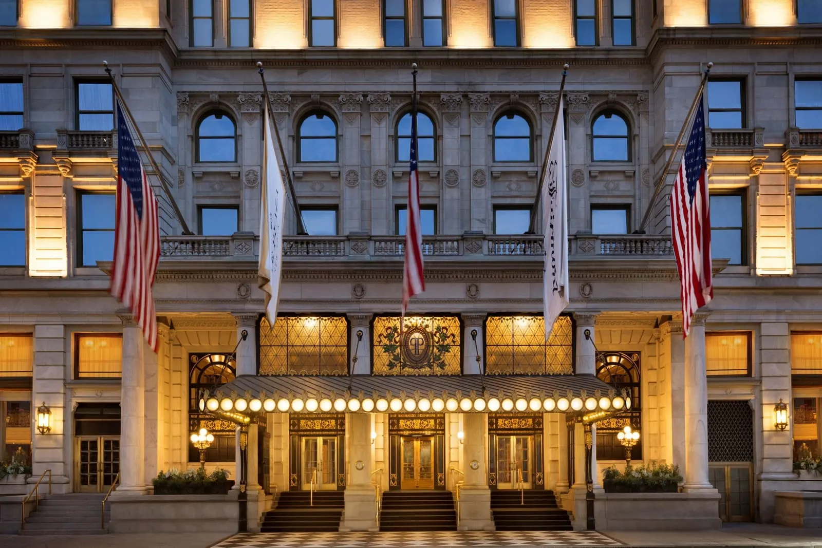 The Plaza: The front steps under the flags