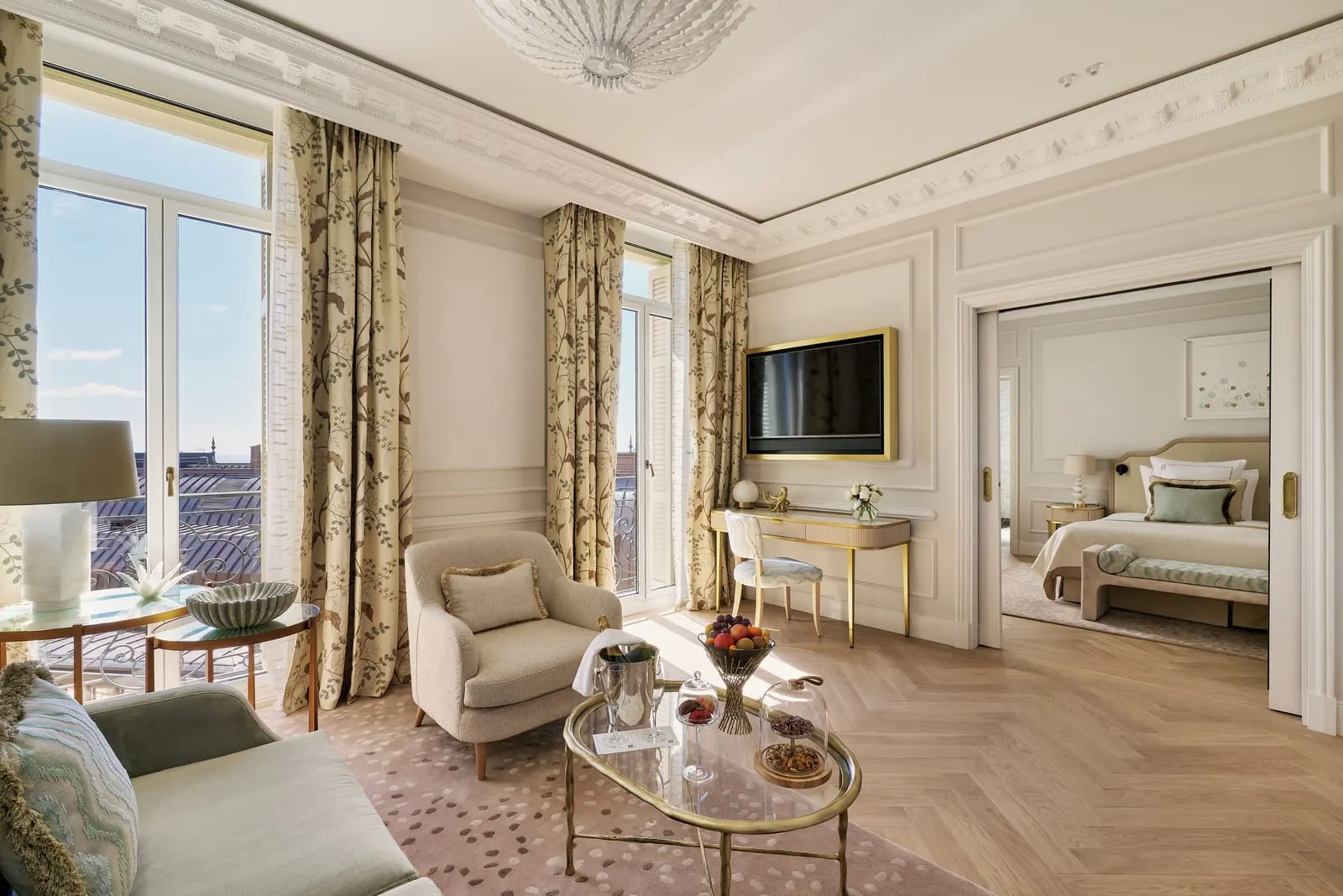 Prestige Suite with sea view at Hôtel Hermitage Monte-Carlo: the sitting room, with the bedroom through double doors