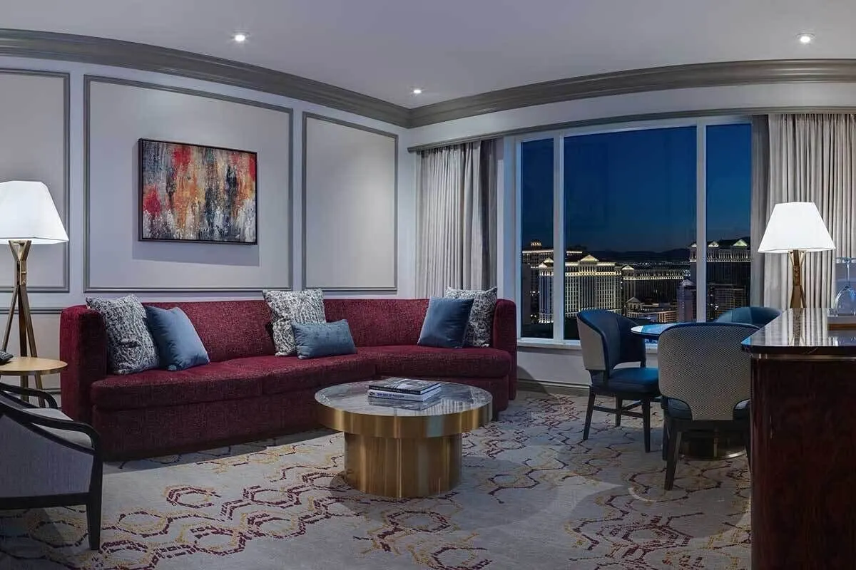 The Venetian Resort Las Vegas: A Strip View suite's living room at dusk